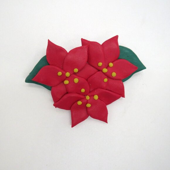 Christmas Poinsettia Brooch Earring Set Handcrafted Polymer Clay 2.5" Pin Studs - Picture 3 of 9